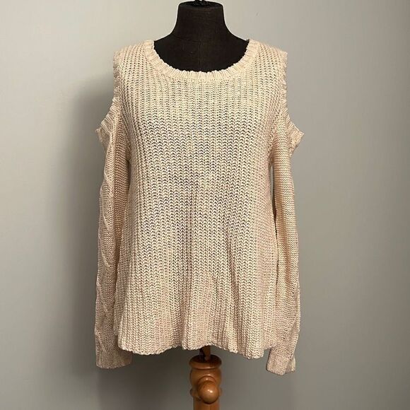 Cream Knit Sweater with Shoulder Cut Outs - Picture 1 of 6